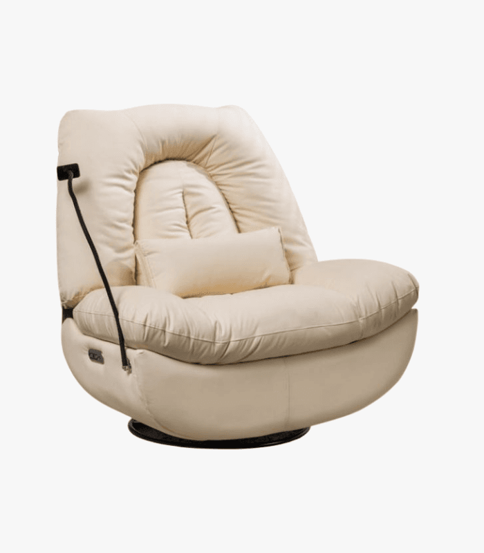 כורסת מסאג עור ריקליינר חשמלי AIR LEATHER אריאן פרימיום שמנת - מבט קדמי על רקע לבן, ריפוד שמנת עבה עם משענת גב מפנקת, מחזיק טלפון ובסיס מסתובב