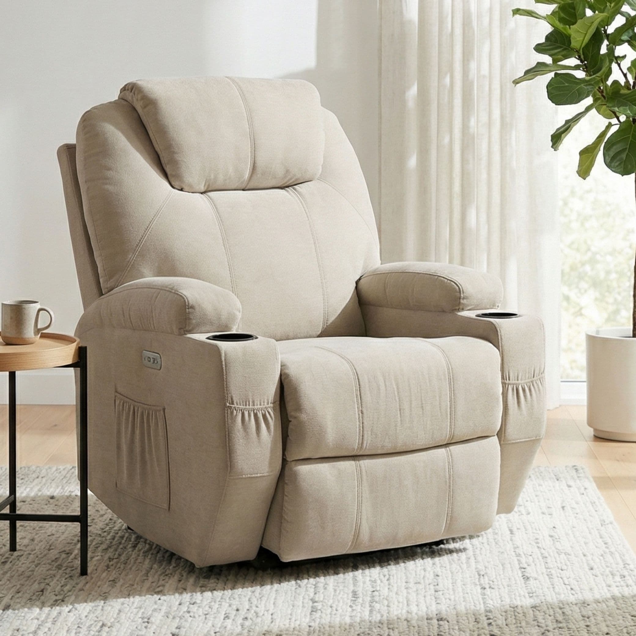 כורסת קימה חשמלית Dolce Vita Milano בצבע בז' בסלון מעוצב עם מחזיקי כוסות וכיסי אחסון